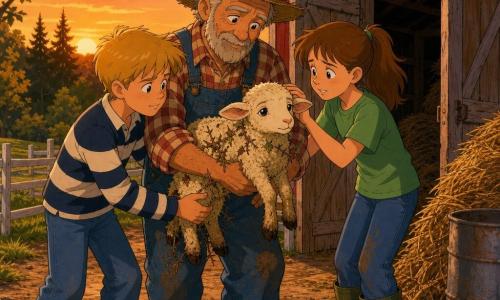 A farmer with a warm, wrinkled face, light stubble, a worn straw hat, plaid shirt and denim overalls, calm and kind, gently holding a small lamb near the entrance of a red barn; a girl, Ella, about 12, brown hair in a ponytail, green T‑shirt and rubber boots, worried but relieved, petting the lamb to the farmer’s right; a boy, Sam, about 12, short blond hair, striped sweater and jeans, focused and proud, supporting the lamb on the other side, standing on a dirt path in front of the barn; a farmyard at dusk with open wooden barn doors, golden hay, a metal barrel, white plank fence, clumps of dirt and green grass, trees and undergrowth in the background; main scene: the rescue of a lamb caught in brambles, a gentle reassuring moment lit by warm sunset light on faces and the lamb’s fleece; visual style: clean lines, saturated soft colors, slightly exaggerated tender expressions and visible textures of wood, straw and wool.