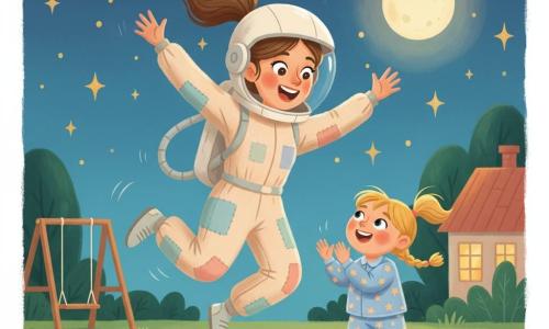 Lily, a smiling, wide-eyed woman with brown hair in a ponytail wearing a white cardboard space helmet and a pastel makeshift suit, jumps pretending to be an astronaut while Mia, about 5, round-faced with blonde braids in star pajamas, claps beside her on the grass; a soft night garden with green lawn, a small swing and house in the background, deep blue starry sky and a pale yellow moon; the scene centers on the two friends pretending to take off in dynamic poses with visible laughter, movement rendered in thick gouache strokes, warm colors, soft outlines and a joyful, dreamy mood, moonlight gently lighting their faces.