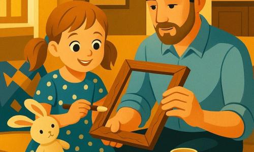A 6-year-old girl, happy and proud, with light brown pigtails and round eyes, wearing a small blue polka-dot dress, delicately holds a cracked wooden photo frame and applies white glue with a brush. A father (about 35–40), tender and focused, with stubble and rolled-up sleeves, supports the frame with one hand and holds an elastic band with the other, seated on the sofa beside her. A plush rabbit named Button rests on the girl's lap with a small paint mark on its paw. Warm living room-kitchen interior with golden sunlight through a window, a striped rug, a wooden table with breakfast remnants (plate, cup, crumbs), a sheet of stickers and a glue tube visible. Main moment: an intimate, joyful Father’s Day frame repair — precise gestures, soft expressions, comforting light, crisp textures (wood grain, light glints, small paint spots). Art Deco visual style with simple geometric shapes, a warm palette of yellows, blues and browns, flat contrasts and decorative patterns on the rug and cushions.
