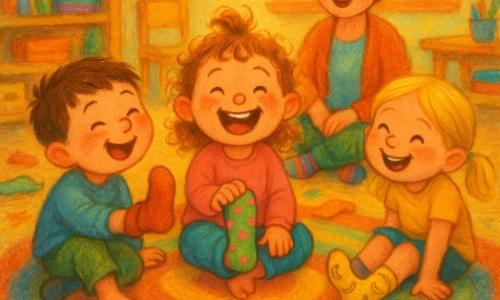 A 4-year-old girl with light brown curly hair in a small ponytail and laughing eyes sits on a round striped rug showing a green sock with pink dots; a boy of about 4 (Max) with short brown hair and rosy cheeks sits to her left wearing an oversized red sock and lifting his foot; another 4-year-old girl (Lila) with straight blonde hair in pigtails stands to the right, leaning in and laughing while wearing a yellow banana-patterned sock; the teacher, an adult woman with her hair in a bun and round glasses, kneels behind them smiling, two mismatched socks visible as she crosses her legs; the scene is on a colorful classroom rug with stars and animals, stacked books, small wooden benches and a window with soft light, multicolored socks scattered like confetti; the main action is a joyful mismatched-sock parade of three laughing children with raised feet, bright colors, rendered in thick pastels with soft strokes.