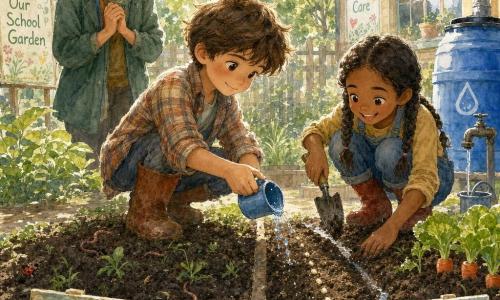 An 8-year-old boy with brown eyes and tousled brown hair smiles gently as he pours water from a small blue cup onto a row of seeds, wearing a worn plaid shirt and rusty garden boots; nearby Aisha, an 8-year-old girl with brown skin and braided hair, crouches to his right laughing and holding a small trowel by the 