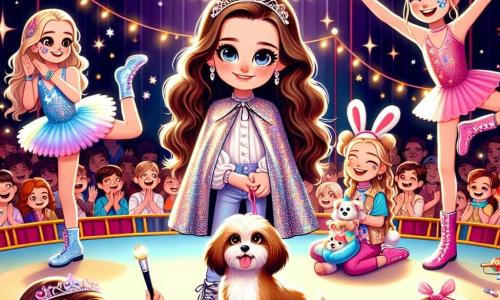 Clara, una niña de 11 años con largos cabellos castaños y ojos brillantes, está en el centro de la escena, vestida con una capa brillante, sosteniendo a su perro Bruno, un pequeño perro marrón claro que da vueltas. A su derecha está Sofía, una niña de 10 años con trenzas rubias y una tiara de plumas coloridas, que realiza una acrobacia con gracia. A la izquierda, Valentina, una niña de 11 años con una tiara con orejas de conejo, pinta caras de niños alegres, mientras que Ana, una niña de 12 años en silla de ruedas, sonríe y sostiene globos en forma de animales. La escena se desarrolla bajo la gran carpa colorida del circo, llena de luces brillantes y decoraciones llamativas, con un público entusiasta que aplaude y ríe. La situación principal muestra a Clara y sus amigas en pleno espectáculo, donde combinan magia, acrobacias y arte, creando una atmósfera alegre y dinámica, llena de risas y colores, cautivando la atención de todos los espectadores.