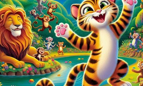 Um gato chamado Miau, com pelagem listrada de cores vivas e olhos brilhantes de curiosidade, está no centro da cena, pulando de alegria com um grande sorriso no rosto. Ao seu lado, Leo, o leão preguiçoso, está sentado em uma pedra, com uma juba dourada e um ar divertido, tocando música com folhas. Tigrinha, a tigresa ágil, dança graciosamente, suas listras laranja e preto contrastando com sua energia vibrante. A cena acontece perto de uma linda lagoa cercada por flores coloridas e árvores verdes, onde os animais se reúnem para celebrar uma grande festa. Ao fundo, macacos se divertem subindo nas árvores, enquanto frutas caem ao redor, criando uma atmosfera alegre e festiva. Miau, cercado por seus amigos animais, está organizando uma festa cheia de risos, danças e jogos, onde todos se divertem sob o céu estrelado.