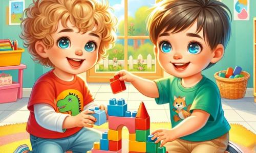 Un băiat de 4 ani pe nume Andrei, cu părul brun și creț, cu un zâmbet mare pe față, stă pe jos, înconjurat de blocuri de construcție colorate. Poartă un tricou roșu cu un dinozaur și o pereche de pantaloni scurți albaștri, și pare foarte fericit și entuziast în timp ce construiește un castel cu cuburi. Lângă el, Alex, un alt băiat de 4 ani, are părul blond și ochii albaștri strălucitori. Este îmbrăcat cu un tricou verde și o pereche de pantaloni bej, și zâmbește ținând un bloc de construcție în aer, pregătit să-l adauge la structură. Amândoi stau pe un covor moale și colorat, înconjurați de jucării împrăștiate. Scena are loc într-o sală de clasă luminoasă și primitoare, cu pereți vopsiți în galben pastel, desene de copii agățate și feronerie care lasă să pătrundă lumina soarelui. În fundal se văd rafturi pline de cărți și jucării. Situația principală arată cum Andrei și Alex colaborează cu bucurie pentru a construi castelul lor, schimbând râsete și idei, ilustrând astfel începutul unei frumoase prietenii.