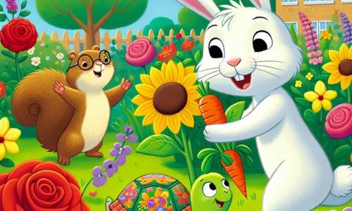 In the center of the image, Benny, a small rabbit with large ears and soft white fur, expresses surprise and joy. He jumps enthusiastically, his eyes shining with excitement, while pointing at a bright orange carrot hidden behind colorful flowers. Next to him, Lucy, a small green turtle with a shell decorated with colorful patterns, looks on with a warm smile. She leans forward, her flippers reaching toward the carrot, showing her support and enthusiasm. Max, a mischievous squirrel with light brown fur and a bushy tail, is making a small leap, arms raised, as if he has just discovered a treasure. His face is radiant with joy, standing just behind Benny, ready to celebrate their find. The scene takes place in a sunny school garden, filled with vibrant flowers of all colors: red roses, yellow sunflowers, and delicate violets. In the background, there are wooden benches and a clear blue sky dotted with fluffy white clouds. The main situation shows Benny, Lucy, and Max discovering the hidden carrot together, illustrating teamwork and the excitement of solving the garden's mystery.