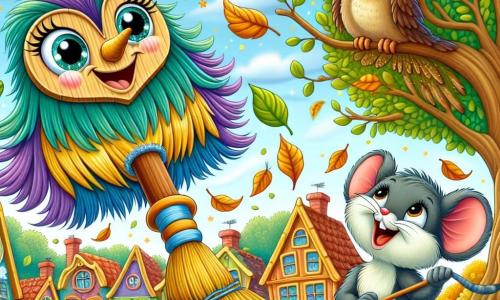A magical broom named Buzzy, with colorful bristles and sparkling eyes, joyfully flies through the air, sporting a big smile on its wooden "face" while trying to sweep up dancing leaves around it. Next to Buzzy, a small mouse named Millie, with soft gray fur and curious bright eyes, laughs heartily, her paws raised as if trying to catch the flying leaves. In the background, a wise old owl named Ollie, with brown feathers and round glasses, watches the scene from a tree branch, an amused smile on his face. The scene takes place in the picturesque village of Puddlebrook, with colorful houses, sloped roofs, golden-leaved trees, and a blue sky dotted with fluffy clouds. The main situation shows Buzzy and Millie on an adventure, trying to sweep the leaves that flutter like butterflies, while Ollie encourages them with an amused look, creating a joyful and playful atmosphere.