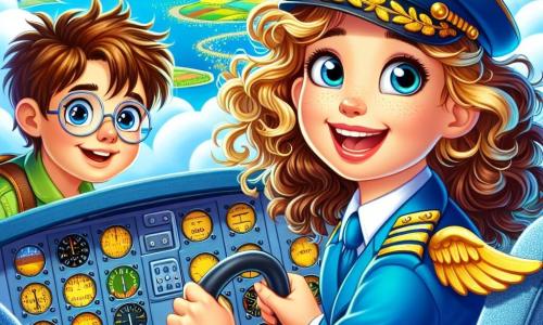 In the foreground, a smiling female pilot, Captain Lucy, with curly brown hair, wears a bright blue uniform adorned with beautiful golden wings. Her eyes sparkle with excitement and determination as she stands in the cockpit of an airplane, hands on the wheel, ready for takeoff. Beside her, a boy named Ben, about 10 years old, with messy blonde hair and round glasses, looks in admiration at the plane's instrumentation. He smiles, clearly impressed by the bright dashboard. In the background, through the cockpit, a bright blue sky dotted with fluffy white clouds is visible, while the land below transforms into a patchwork of green fields and sparkling rivers. The main scene shows Captain Lucy and Ben preparing for the flight to Rainbow Island, with excited children waiting in the cabin, all eager to experience a magical adventure in the air.