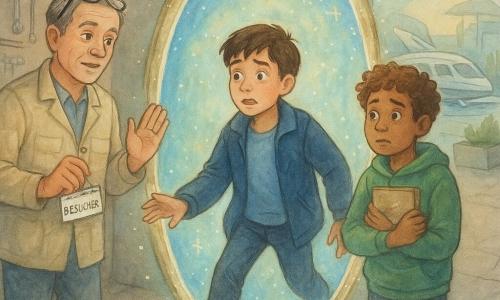 Drei Personen: Finn, circa 11, kurzes braunes Haar, zu große marineblaue Jacke, steht mittig mit einem Fuß bereits in einem ovalen leuchtenden Portal, Gesicht staunend und ängstlich, Hand zu Jona ausgestreckt; Jona, circa 11, kastanienbraunes lockiges Haar, grüner Sweatshirt, hält ein abgenutztes Notizbuch an die Brust, steht rechts hinter Finn und blickt mit erleichterter Schuldgefühlsmiene zum Portal; Amir, etwa 40, Techniker, ergrautes Haar, beige Arbeitsjacke, Brille auf der Stirn, links beim Hangartor, eine Hand erhoben beruhigend, in der anderen Besucheraufkleber, ruhige, zuversichtliche Haltung. Ort: Wartungshangar im Hafen, leicht rissiger Betonboden, Werkzeuge an der Wand, warmes gedämpftes Licht, hinten große Glasfront mit silbernen Shuttles und modernen Pflanzkästen; mittig ein großes metallisches ovales Rahmenportal, wie spiegelndes Wasser, abgenutzte Ränder und technische Etiketten. Szene: Die Jungen schreiten vorsichtig durch ein irisierendes blau-goldenes Zeitportal mit schwebenden Lichtpartikeln, leichte Bewegungsunschärfe um Finn; Amir bremst die Szene sanft, Jonas Notizbuch sichtbar als potenzielles Problem; gedehnte Spannung, pastellige Farben, Lichtfokus auf dem Portal, feine weiße Reflektionen und Glitzerakzente.