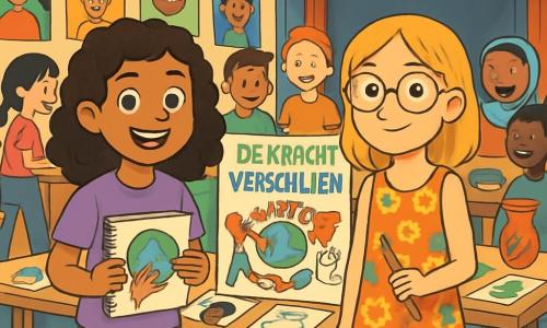 Er zijn 2 hoofdpersonages: - Noor: een 10-jarig meisje met krullend bruin haar en sprankelende ogen. Ze draagt een paarse t-shirt en een spijkerbroek, en houdt een schetsboek in haar handen. Noor staat links, glimlachend en vol energie. - Sarah: een 11-jarig meisje met steil blond haar en een paar ronde brillen. Ze draagt een kleurrijke bloemenjurk en sandalen. Sarah staat rechts, met een potlood in de hand, klaar om te tekenen. De situatie speelt zich af in een grote schoolzaal, versierd voor de Diversiteitsweek. De muren zijn versierd met kleurrijke posters die verschillende culturen vertegenwoordigen, en de tafels zijn bedekt met tekeningen en symbolische objecten. Achterin staat een podium, klaar voor artistieke optredens, met fonkelende lichtslingers. De hoofdactie toont Noor en Sarah die voor hun project "De Kracht van Verschillen" staan, omringd door klasgenoten die hun werk bewonderen. De sfeer is vrolijk en feestelijk, vol gelach en levendige gesprekken, terwijl kinderen van verschillende achtergronden samenkomen om de diversiteit te vieren.