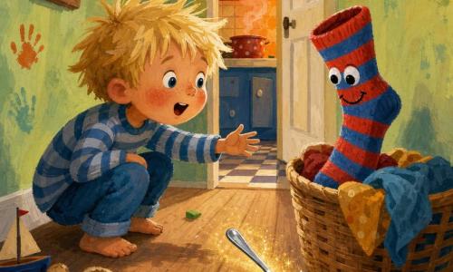 Een vierjarige jongen met blond warrig haar en ronde wangen hurkt en reikt verrast en blij naar een sprekende sok, Sir Sok, rood-blauw gestreept met een geborduurde glimlach, die als een vlag in een wasmand staat; een kleine zilveren lepel rolt over de lichte houten vloer en laat een spoor van gouden stof achter richting een open keukendeur waar oranje soepstoom uit kringelt, de smalle gang heeft speelgoed en bleekgroene muren met kleine voetafdrukken; de sfeer is grappig en licht magisch met felle kleuren en zichtbare gouachetextuur, het moment is bevroren net voordat het avontuur begint.