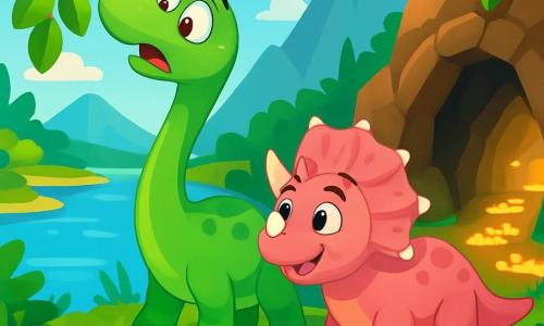 A diplodocus named Dippy, with bright green skin and large curious eyes, stands by a sparkling lake, stretching his long neck to reach juicy leaves on a tree. Dippy looks excited and a bit anxious, his eyes shining with adventure. Next to him, Trixie, a triceratops with pink scales and three shiny horns, watches with an encouraging smile, ready to explore. The setting is a lush island filled with large ferns, colorful flowers, and majestic mountains in the background under a bright blue sky. In this scene, Dippy and Trixie are preparing to follow mysterious glowing footprints leading to a sparkling cave, their hearts racing with excitement for the upcoming adventure.