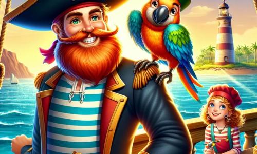 Capitan Tobia, un uomo dal volto sorridente e dalla barba rossa, si trova sul ponte della sua nave pirata, con gli occhi scintillanti di eccitazione. Indossa un grande cappello nero decorato con una piuma colorata e una camicia a righe che fluttua nel vento. Accanto a lui, Gino, un pappagallo dalle piume verdi e blu, si aggrappa alla sua spalla, gridando gioiosamente. Rita, una ragazza di circa 10 anni con capelli ricci e un grembiule da cuoca, prepara biscotti su un tavolo di legno, sorridendo agli altri. Lo scenario è un mare calmo con onde scintillanti sotto il sole dorato, e all'orizzonte si intravede un'isola misteriosa con un vecchio faro e palme danzanti. Tobia tiene in mano una mappa del tesoro, con uno sguardo determinato, mentre l'equipaggio si attiva intorno a lui, pronto a partire per l'avventura verso l'isola dei sorrisi e dei misteri.
