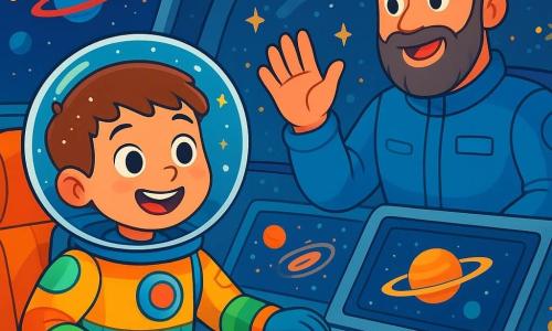 Młody chłopiec o imieniu Szymek, w wieku około 8 lat, ma na sobie błyszczący i kolorowy kostium astronauty z przezroczystym hełmem, który odbija gwiazdy. Jego twarz rozjaśnia szeroki uśmiech ekscytacji, a oczy błyszczą ciekawością. Obok niego stoi starszy mężczyzna, kapitan misji, mający około 40 lat, z siwiejącą brodą i niebieskim mundurem astronauty. Machając przyjaźnie, stoi blisko panelu kontrolnego rakiety. Scena rozgrywa się wewnątrz futurystycznej rakiety kosmicznej, z podświetlanymi panelami, kolorowymi przyciskami i ekranami wyświetlającymi obrazy odległych planet. Ściany zdobią rysunki gwiazd i galaktyk, tworząc magiczną atmosferę. Szymek siedzi na swoim miejscu, gotowy do startu, podczas gdy odliczanie się zaczyna. Powietrze wypełnia ekscytacja i oczekiwanie, gdy rakieta lekko wibruje, gotowa do lotu w nieskończoność.