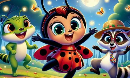 Una mariquita alegre llamada Lila, con alas rojas con puntos negros, una pequeña sonrisa brillante y ojos chispeantes de emoción, baila en el centro de un claro iluminado por la luna, rodeada de luciérnagas centelleantes. A su lado, Don Tico, un pequeño mapache con un sombrero de paja y una corbata colorida, aplaude riendo, mientras que Rita, una rana verde con grandes ojos curiosos, salta alegremente a su alrededor. La escena representa una fiesta animada donde Lila y sus amigos bailan juntos bajo las estrellas, llenos de alegría y amistad.