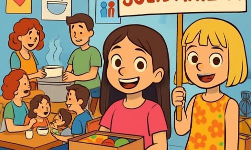 Ci sono 2 personaggi principali: Sofia, una ragazza di 11 anni con lunghi capelli castani e occhi brillanti, che indossa una maglietta rosa e jeans, sorridente mentre tiene una scatola di cibo; e Marta, una ragazza di 11 anni con capelli corti e biondi, che indossa un vestito a fiori colorati, con uno sguardo determinato e una cartellina con la parola "Solidarietà" scritta in grandi lettere. La scena si svolge in un centro comunitario accogliente, con pareti blu chiaro e tavoli in legno, decorato con manifesti colorati e volontari intenti a preparare zuppe. Famiglie sorridenti si riuniscono attorno ai tavoli, mentre sacchi di vestiti e scatole di cibo sono impilati in un angolo. Sofia e Marta servono pasti caldi alle famiglie bisognose, trasmettendo calore umano e solidarietà, sottolineando l'importanza dell'aiuto reciproco e della compassione.