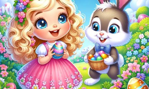 A 5-year-old girl named Lily, with curly blonde hair and sparkling eyes, wears a pink dress adorned with flowers. She smiles in wonder as she discovers a colorful egg hidden under a bush in the garden. Next to her is a friendly rabbit named Mr. Whiskers, who wears a stylish bow tie and has a mischievous look. He stands on his hind legs, holding a small basket filled with candies, and looks at Lily with a warm smile. The garden is filled with vibrant flowers of all colors, lush green trees, and a blue sky dotted with fluffy white clouds. Multicolored Easter eggs are hidden everywhere, adding to the magic of the scene. Excited, Lily is about to pick up the shiny egg she just found, while Mr. Whiskers shows her other hidden eggs, creating a joyful and festive atmosphere.
