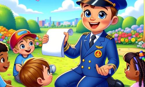 Der Hauptcharakter ist ein Mann, der Pilot Max, der ein großes Lächeln und strahlende Augen hat. Er trägt einen blauen Pilotenanzug mit einer Kappe, die mit einem goldenen Abzeichen verziert ist. Max erzählt den Kindern Geschichten, während er auf dem grünen Gras eines Parks sitzt, umgeben von bunten Papierflugzeugen. Unter den Nebencharakteren hört ein 7-jähriger Junge mit rotem Hut aufmerksam zu, während ein 6-jähriges Mädchen mit Zöpfen neben ihm sitzt, lächelt und ein frisch dekoriertes Papierflugzeug hält. Der Ort ist ein sonniger Park, voller bunter Blumen und majestätischer Bäume. Der Himmel ist blau mit einigen weißen Wolken, und ein großer grüner Bereich erstreckt sich um sie herum, wo andere Kinder fröhlich spielen. Die Hauptsituation zeigt Max, der seine Abenteuer als Pilot mit den Kindern teilt, die von seinen Erzählungen gefesselt sind. Papierflugzeuge fliegen in der Luft und symbolisieren die Flug- und Abenteuertäume der Kinder.