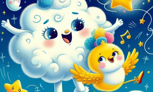 Nino, una nuvola sorridente e morbida, fluttua in un cielo blu splendente, i suoi occhi brillanti di gioia mentre danza con il suo amico Pippo, un piccolo uccello dal piumaggio giallo vivo e dal becco allegro. Pippo, pieno di entusiasmo, svolazza attorno a Nino, le ali spiegate, cantando felicemente. Sullo sfondo, una stella ballerina scintillante, con un vestito di paillettes dorate, ruota graziosamente, mentre una luna divertente, con un grande cappello colorato, li osserva sorridendo. Il cielo è costellato di stelle brillanti e di una dolce luce argentata, creando un'atmosfera magica e sognante. La scena rappresenta Nino e Pippo che danzano e cantano insieme, circondati dai loro amici celesti, in una notte stellata piena di risate e gioia.