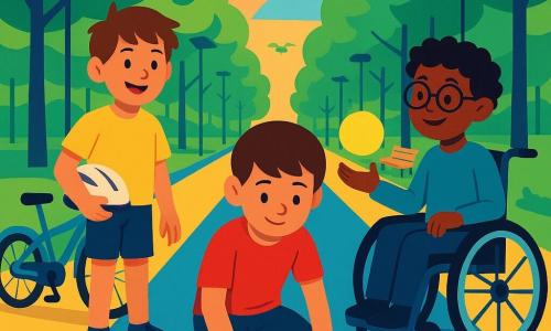 Há três meninos de 8 anos — Tomás (cabelos castanhos curtos, joelho no chão tocando um pequeno projetor circular), Miguel (cabelos castanho-claros desgrenhados, em pé junto a uma pequena bicicleta solar) e Rui (cabelos pretos cacheados, óculos redondos, em cadeira de rodas moderna segurando uma bolha de luz amarela) — numa avenida em túnel de plátanos com faixas coloridas no chão (azul bicicletas, verde trotinetes, amarelo pedestres), postes solares finos e drones-jardineiros; eles montam um 