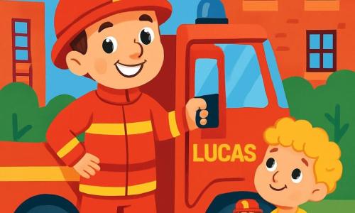 Um jovem bombeiro chamado Lucas, com um sorriso radiante e olhos brilhantes, veste um uniforme vermelho vivo e um capacete brilhante. Ele está orgulhoso e determinado ao lado de seu caminhão de bombeiros, pronto para a aventura. Ao seu lado, um garotinho de cerca de 6 anos, com cabelo loiro e cacheado, olha para Lucas com admiração, segurando um pequeno brinquedo de bombeiro nas mãos. Eles estão diante de um grande prédio de tijolos vermelhos, com uma escada de bombeiro e árvores verdes ao fundo. A cena mostra Lucas subindo em seu caminhão, pronto para atender a uma emergência, com nuvens brancas flutuando em um céu azul radiante.