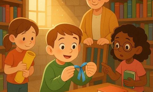 An 8-year-old boy with a round face and short brown hair, kneeling by a light wooden table, looks relieved and focused as he delicately holds a shiny blue ribbon between his fingers; his eyes are wide and mouth slightly open, wearing a green sweater and jeans. Beside him stands a shy but relieved 7-year-old girl (Mia) with brown hair in a ponytail holding a yellow poster tube, and another curious 8-year-old girl (Lina) with curly black hair and round glasses pointing at the ribbon while holding a small notebook. Behind the table stands Mrs. Bloom, a kindly 50-year-old librarian with gray hair in a bun and oval glasses, hands on the back of a chair. Setting: a small stone tower library with a spiral staircase, tall wooden shelves of colorful books, a square sunbeam and sparkling dust on the floor, a light wood table with some stacked books and a notebook labeled 