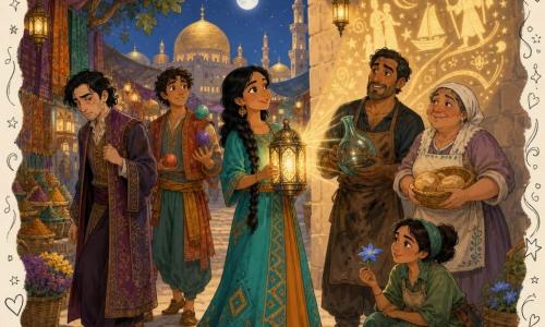 The protagonist is Yasmina, a young woman (~20) with amber eyes and braided black hair in a turquoise-and-ochre geometric dress, curious and determined, lighting a glowing lantern that casts golden moving images on a stone wall; to her right stands Samir, a ~40-year-old glassblower with tanned skin and smoke-darkened hands and apron, holding a blown glass vase and looking relieved; behind left is Malik, a ~30-year-old merchant with a pale face and rich but rumpled clothes, ashamed and withdrawn; beside Samir is Layla, a ~60-year-old baker, round and flour-dusted, smiling and holding a basket of bread; slightly behind Yasmina is Tariq, a ~20-year-old thin juggler in colorful clothes with juggling balls, watching intently; near the lantern crouches Hana, a ~30-year-old gardener with tied-back hair, gently holding a blue star-shaped flower; the setting is a nighttime souk alley with moonlit cobbles, multicolored hanging fabrics, spice and flower stalls, distant golden domes and a fig tree; Yasmina lights the lantern at the center, a radiant golden light projecting animated scenes and swirling symbols on the stone wall, blue petals scattered on the ground and the group gathered in expressions of revelation and relief.