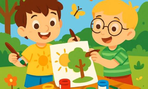 Ci sono 2 personaggi principali: Luca, un ragazzo di 7 anni con capelli castani disordinati e occhi scintillanti, indossa una maglietta gialla con un sole disegnato e pantaloni corti blu. È in piedi a sinistra, tiene un pennello in una mano e un grande foglio bianco nell'altra. Marco, un ragazzo di 7 anni con capelli biondi e occhiali rotondi, indossa una camicia a righe verdi e pantaloni corti rossi. È a destra di Luca, mentre dipinge un albero verde sul foglio. La scena si svolge in un giardino soleggiato, pieno di fiori colorati e alberi. Al centro c'è un grande tavolo di legno coperto di barattoli di vernice e pennelli. Il cielo è blu con alcune nuvole bianche e ci sono farfalle che volano intorno ai bambini, aggiungendo un tocco di magia. I due ragazzi stanno dipingendo insieme, ridendo e divertendosi, creando un mondo colorato sul foglio.