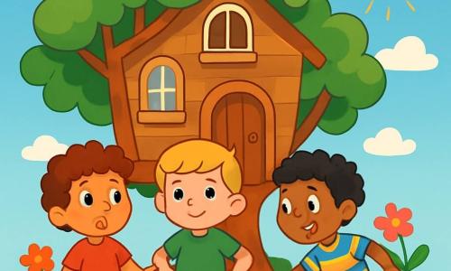 Há 3 personagens: - Pedro: um menino de 6 anos, com cabelo castanho e cacheado, vestindo uma camiseta vermelha e um short azul. Ele está de pé à esquerda, com os olhos arregalados de curiosidade. - Lucas: um menino de 6 anos, com cabelo loiro e liso, vestido com uma camiseta verde e uma calça bege. Ele está no centro, com as mãos na cintura, exibindo uma expressão de determinação. - João: um menino de 6 anos, com cabelo negro e crespo, vestindo uma camisa listrada colorida e um short laranja. Ele está à direita, inclinado para frente, pronto para entrar na casa da árvore, com um sorriso travesso. O cenário é uma casa de árvore de madeira, situada em um grande carvalho com folhas verdes brilhantes. A casa tem janelas arredondadas e uma porta de madeira, cercada por galhos e flores coloridas. O sol brilha, projetando sombras suaves no chão de terra batida. A cena principal mostra os três amigos, de mãos dadas, prestes a entrar na casa da árvore, com expressões de excitação e apreensão. Nuvens brancas flutuam no céu azul, enquanto uma leve brisa faz as folhas dançarem ao redor deles, criando uma atmosfera de aventura e mistério.