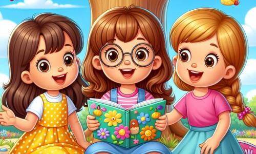 Three little girls, aged 7 to 8, are sitting under a large tree. Lily, with brown hair and round glasses, wears a yellow polka-dot dress and smiles while holding a colorful book. Next to her, Mia, with curly blonde hair, is dressed in a pink t-shirt and enthusiastically gestures with her arms. Finally, Ella, with brown hair in a braid, wears a blue skirt and looks at the book with wide eyes. The setting is a sunny park filled with colorful flowers and majestic trees. The sky is bright blue, and birds sing joyfully around them. The girls imagine a great adventure as they read their book, transforming into explorers climbing mountains and building sandcastles on a beach, all while laughing and having fun together.