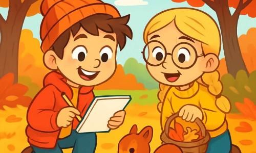 A 10-year-old boy with tousled brown hair and sparkling curious eyes crouches in an autumn garden, a big smile on his face. He wears a bright red jacket and a wool hat, holding an open notebook in one hand and a pencil in the other, carefully watching a small squirrel nibbling on a hazelnut at his feet. Next to him, a 9-year-old girl with braided blonde hair and round glasses gazes in wonder at the squirrel, holding a small basket filled with colorful leaves. The garden is covered in golden, red, and orange leaves, creating a vibrant carpet on the ground. Majestic trees with branches laden with autumn colors stand around them, while a clear blue sky allows a few fluffy clouds to pass by. The main scene shows the boy and girl exploring, captivated by the beauty of nature, writing and drawing in their notebooks, surrounded by the joyful energy of autumn.