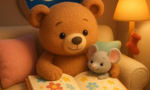 Lichtbruin teddybeertje met rond gezicht en zachte ogen, blij en rustig, houdt het kleine grijze muisje vast en kijkt naar het boek; het muisje met ronde oren en timide glimlach knuffelt het beertje en houdt een paginahoek vast; groot geïllustreerd boek op hun schoot met kleurrijke pagina’s en eenvoudige bloemen- en sterrenbeelden; crèmekleurige zachte bank met pastel kussens (roze, blauw, geel) en een gebreid deken over hun benen; warme gele nachtlamp verlicht de scène, met een sokje op de lampvoet als grappig detail; rond raam toont een rustige nacht met een glimlachende maan en fonkelende sterren; sfeer knus en teder met zachte kleuren, pluizige texturen en een intieme, centraal geplaatste compositie vanuit laag kinderlijk perspectief.