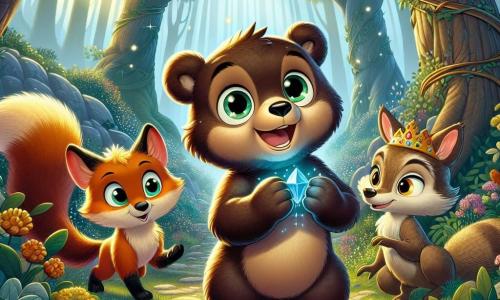 Un piccolo orso di nome Bruno, con un pelliccia marrone morbida come il cioccolato, si trova al centro dell'immagine, con gli occhi brillanti di eccitazione e un ampio sorriso sul volto. Tiene una bella pietra blu scintillante tra le zampe anteriori, guardando intorno a sé con curiosità. Alla sua destra, una saggia zibellina con piume dorate e grandi occhi rotondi lo osserva con benevolenza, posata su un ramo, come se gli desse consigli. A sinistra, una volpe astuta, con pelliccia arancione vivace e una coda folta, si avvicina a lui, con un'aria maliziosa, pronta a accompagnarlo nella sua avventura. La scena si svolge in una foresta incantata, con grandi alberi dai tronchi spessi che si ergono verso il cielo, le loro foglie verdi che danzano al vento. Bruno, il piccolo orso, scopre la pietra preziosa trovata e si prepara a partire in cerca di restituirla alla regina della foresta, circondato dai suoi amici animali, in un'atmosfera di avventura e amicizia.