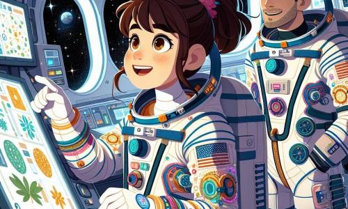 Clara, una astronauta de cabello castaño recogido en una cola de caballo, lleva un elegante y colorido traje espacial. Su rostro irradia emoción y curiosidad mientras flota en la estación espacial, rodeada de paneles de control luminosos y pantallas que muestran datos científicos. A su lado, el Capitán Javier, un hombre de unos 40 años con barba bien cuidada y gafas, observa los experimentos con una sonrisa alentadora. Lleva un uniforme de astronauta similar al de Clara y se encuentra cerca de una ventana, admirando la vista de la Tierra abajo. La estación espacial, un entorno futurista, está llena de luces brillantes y gadgets flotantes. Las paredes son blancas y redondeadas, con ventanillas que ofrecen una vista espectacular del espacio negro salpicado de estrellas brillantes. En esta escena, Clara y Javier trabajan juntos en un fascinante experimento científico, observando cómo crecen las plantas en microgravedad. Clara sostiene una pequeña maceta flotante, mientras Javier toma notas en una tableta, ambos cautivados por los resultados de su investigación.