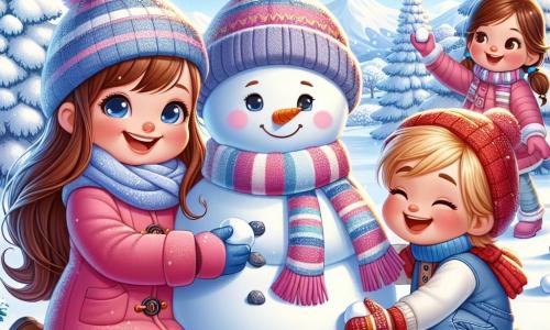 Una niña de 5 años, llamada Sofía, con largos cabellos castaños y mejillas sonrosadas, sonríe alegremente mientras construye un gran muñeco de nieve. Lleva un abrigo rosa brillante, guantes azules y una bufanda a rayas coloridas. A su lado, su amigo Pedro, un niño de 6 años con cabello rubio y ojos brillantes, sostiene una bola de nieve lista para lanzar, riendo con entusiasmo. Un poco más lejos, Ana, una niña de 5 años con dos coletas y un gorro rojo, añade piedras para hacer los ojos del muñeco de nieve, concentrada y sonriente. El lugar es un parque invernal, con maj árboles cubiertos de nieve brillante, un cielo azul claro y copos de nieve cayendo suavemente. La escena irradia una atmósfera de alegría y camaradería, donde los niños se divierten juntos creando un muñeco de nieve, rodeados de un paisaje invernal de ensueño.
