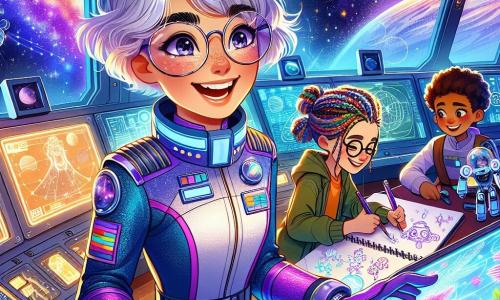 La Capitán Vega, una mujer de cabello corto y plateado, lleva un traje espacial brillante y futurista con acentos morados. Sonriente y llena de entusiasmo, se encuentra frente al panel de control de su nave, el 'Cometa Radiante'. A su lado, un niño de 12 años con gafas redondas y cabello rizado observa fascinado las pantallas que muestran imágenes de planetas lejanos, sosteniendo un pequeño robot para experimentos. Más lejos, una niña de 10 años con trenzas de colores dibuja plantas flotantes que ha imaginado para el espacio, con los ojos brillantes de inspiración. El lugar es la sala de control del 'Cometa Radiante', donde grandes ventanales muestran auroras coloridas de Júpiter y estrellas brillantes. La Capitán Vega explica a los niños cómo funciona la nave mientras se preparan para despegar en su primera aventura espacial, llenos de emoción y curiosidad.