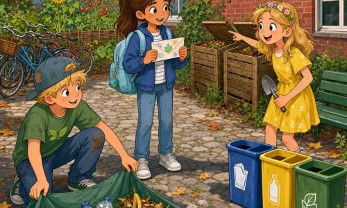 Drie kinderen, ca. 10 jaar: Noor (bruin haar in paardenstaart, blauwe jas, lichtblauwe rugzak) staat vooraan en hangt een getekende enveloppe aan een bord; Jens (blond, pet, groen T‑shirt, knieën licht vuil) knielt links en houdt een zeil met gesorteerd afval (papier, plastic, compost); Lotte (blond met bloemenspeld, gele jurk) staat rechts, wijst enthousiast op een kleine houten compostbak en houdt een tuinschepje. Zonnige schoolkoer met kasseien, een moestuinbak achter fietsen, twee houten composters naast elkaar, drie kleurige afvalbakken (blauw, geel, groen) bij een bank, herfstbladeren en wilde bloemen op de grond; op de achtergrond een roodstenen schoolgebouw met ramen en een handgeschilderd bord 