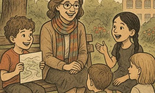 Un'insegnante dagli occhi brillanti e dal sorriso gentile, con una sciarpa colorata, è seduta su una vecchia panchina di legno in un giardino scolastico. Intorno a lei, bambini di età compresa tra 8 e 10 anni, maschi e femmine, sono riuniti in cerchio. Un ragazzo dai capelli ricci tiene in mano un disegno di un fiume su carta, mentre una ragazza con le trecce nere racconta una storia con entusiasmo. Il giardino è verdeggiante, con un grande albero che offre ombra e aiuole di fiori colorati. La scena principale mostra l'insegnante e i bambini che condividono idee, creando un momento di complicità e scoperta.