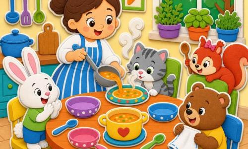 Clara, chef sonriente de rostro redondo y cabello recogido en moño, viste un gran delantal a rayas azul y blanco y un gorro blanco mientras vierte una gran cuchara de sopa humeante en un plato colorido; Pepino, pequeño gato atigrado gris y blanco de ojos verdes, está en una silla olfateando la sopa; Rizo, conejito blanco de largas orejas rosas (niño), de pie a la izquierda aplaude alegre; Chispa, ardilla rojiza de vientre beige (niña), se agarra al respaldo de una silla a la derecha con una cucharita de madera; Beto, oso pardo y regordete (niño), está sentado frente a Clara sonriendo con una servilleta en el regazo; cocina cálida y colorida con paredes amarillo pálido, mesa de madera naranja, vajilla multicolor y macetas verdes en el alféizar, luz suave del sol y árboles fuera; escena acogedora de compartir alrededor de una gran mesa, formas simples, colores vivos y contornos gruesos estilo pegatinas/foam EVA.