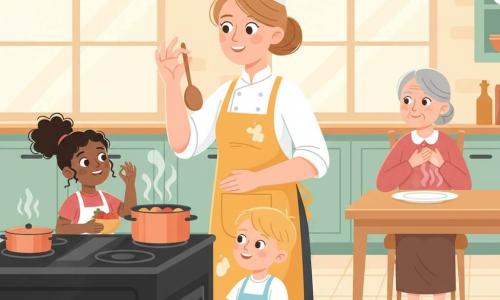 Jefa de cocina sonriente y de mirada benevolente, pelo castaño claro recogido en moño, toca blanca y delantal mostaza con harina, sostiene una gran cuchara de madera haciendo la 