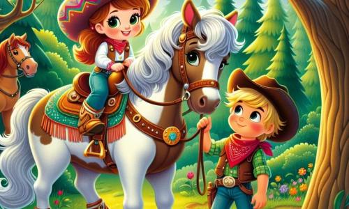 Una cowgirl sorridente, Stella, è in piedi sulla sua giumenta Lilla, una bella cavalla bianca con una criniera ondulata. Stella indossa un grande cappello da cowboy colorato, un gilet di pelle marrone e stivali di pelle decorati. Ha occhi brillanti di determinazione e un grande sorriso, pronta per l'avventura. Accanto a lei, un ragazzo di 8 anni, Tom, con capelli biondi arruffati e un bandana rosso attorno al collo, tiene la longe di un altro cavallo. La scena si svolge in una foresta verdeggiante, con grandi alberi e raggi di sole che filtrano tra le foglie. Stella e Tom si preparano a percorrere un sentiero tortuoso circondato da suoni di uccelli e foglie fruscianti, pronti a partire per un'avventura alla ricerca di un nuovo posto dove accamparsi per la notte.
