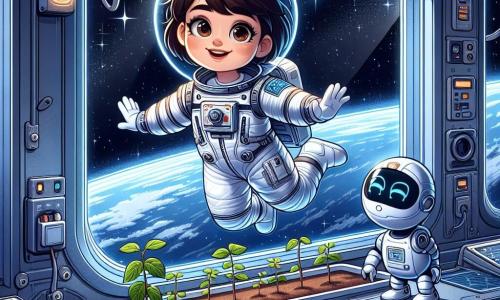 Im Zentrum des Bildes schwebt Lena, eine Astronautin mit kurzen, braunen Haaren, in einem glänzenden weißen Raumanzug. Ihr Gesicht strahlt Freude und Staunen aus, während sie schwerelos mit offenen Armen umgeben von kleinen Pflanzen ist, die in transparenten Röhren wachsen. Neben ihr arbeitet ein kleiner Roboter namens Robi, der einen silbernen Metallkörper und leuchtende Augen hat, konzentriert an einem Solarpanel. Im Hintergrund bietet das große Fenster der Raumstation einen spektakulären Blick auf die Erde mit blauen Ozeanen und weißen Wolken, die wie Watte erscheinen. Die Sterne funkeln im tiefen Schwarz des Weltraums und schaffen eine magische Atmosphäre. Die Hauptsituation zeigt Lena, die die Wunder des Lebens in der Schwerelosigkeit entdeckt, während Robi an ihrer Seite arbeitet, was die Harmonie zwischen Natur und Technologie im Universum verdeutlicht.