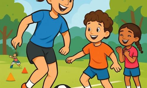 Giulia, una donna atletica con capelli castani legati in coda di cavallo, indossa una maglietta blu e pantaloni corti neri. Il suo viso irradia gioia ed entusiasmo mentre dribbla un pallone da calcio su un campo verde. Marco, un ragazzo di 10 anni con capelli ricci e un sorriso splendente, cerca di imitare i suoi movimenti, con le braccia aperte e un'espressione concentrata. Sofia, una ragazza di 9 anni con trecce e una maglietta rosa, applaude con entusiasmo mentre si trova vicino alla linea di fondo, pronta a entrare in gioco. Il luogo è un parco soleggiato, con alberi verdi sullo sfondo e un cielo blu punteggiato di nuvole bianche. Il campo da calcio è delimitato da coni colorati, e i bambini giocano felicemente intorno. La scena principale mostra Giulia che gioca con i bambini, ridendo e incoraggiandoli a superarsi, creando un'atmosfera di cameratismo e passione per il calcio.