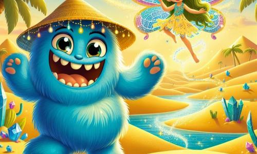 No centro da imagem, um monstro gentil chamado Zé, com pelagem azul brilhante, olhos redondos como bolinhas e um largo sorriso, dança alegremente na areia dourada do deserto. Ele tem uma expressão cheia de alegria e excitação, enquanto segura um chapéu de palha na cabeça. Ao lado dele, Lila, uma pequena fada com asas cintilantes de cores vivas, voa pelo ar, sorrindo e lançando faíscas mágicas ao redor. O cenário se passa no deserto mágico de Arealuz, onde dunas de areia dourada se estendem até onde a vista alcança, salpicadas de palmeiras verdes e cristais brilhantes que cintilam sob o sol. Ao fundo, uma oásis resplandecente com água cristalina e frutas coloridas se destaca, iluminada pela luz do sol poente. A cena principal mostra Zé e Lila celebrando sua chegada à Oásis Dourada, cercados de risos e magia, enquanto se preparam para compartilhar frutas deliciosas e aproveitar sua amizade neste lugar encantador.