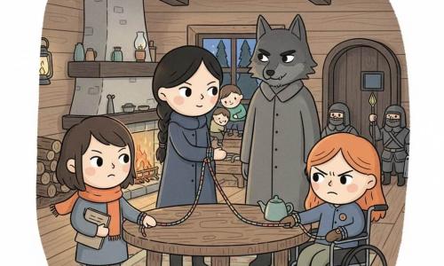 Three girls, about 12: Mara (short dark brown hair, orange scarf, kraft notebook under her arm) stands left by the table, determined, holding the rope linking the three; Junie (tall, black hair in a braid, dark blue coat) stands center by the window protecting her mother and little brother, brave, looking toward the door; Nell (redhead, playful, in a visible wheelchair, mitten with a missing button) sits right of the table, brows furrowed but resolute, also holding the rope. Secondary details: a traveler/wolf silhouette in a long gray coat subtly forming a wolf profile near the fireplace, with a chilling smile and sharp eyes; two burly guards with lanterns and staves by the entrance; Junie’s mother and little brother huddled by the bright window. Setting: small wooden cottage interior, warm but tense—dark beams, round rough wooden table, worn rug, glowing fireplace to the right, a window showing bluish night, oil lamps, teapots and scattered kitchenware. Main situation: tense confrontation—three girls tied by a colored rope around their wrists fastened to a table leg, facing the traveler-wolf under warm lantern light; expressions mix fear and determination, with strong contrast between the warm interior light and the cold forest shadow outside.