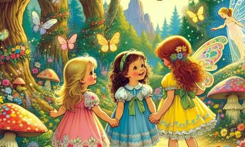In an enchanted clearing, three little girls hold hands. Lily, a 7-year-old with long blonde hair and a pink dress, smiles in wonder as she watches the fairies. To her left, Mia, a 6-year-old with curly brown hair in a blue dress, has sparkling curious eyes. On her right, Zoe, a 7-year-old with red hair in a yellow dress, joyfully dances with her arms raised to the sky. The clearing is filled with vibrant flowers, shimmering butterflies flutter around them, and majestic trees with gnarled trunks create a magical atmosphere. In the center, a circle of mushrooms serves as a stage for the dancing fairies, their translucent wings shining in the sunlight. The girls marvel at the fairies dancing around them, ready to share their magic and friendship in this fairyland.