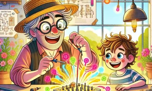 Un hombre, Don Paco, está en el centro de la imagen, sonriendo ampliamente. Lleva un sombrero de paja y gafas redondas, y su cabello desordenado refleja su espíritu creativo. Está inclinado sobre una máquina colorida, rodeada de piezas brillantes, conectando un cable con entusiasmo. Junto a él, un niño llamado Tomás, de unos 8 años, observa con ojos muy abiertos. Tiene el cabello castaño desordenado y lleva una camiseta a rayas. Tomás sostiene un pequeño destornillador y parece muy concentrado en ayudar a Don Paco. La escena tiene lugar en un taller luminoso, lleno de herramientas colgadas en la pared, planos de invención y ventanas que dejan entrar la luz del sol. Fuera, crecen flores coloridas, añadiendo un toque de naturaleza al entorno creativo. La situación principal muestra a Don Paco y Tomás, emocionados, mientras la máquina mágica comienza a emitir colores vivos y una suave melodía, llenando el taller de una atmósfera alegre e imaginativa.