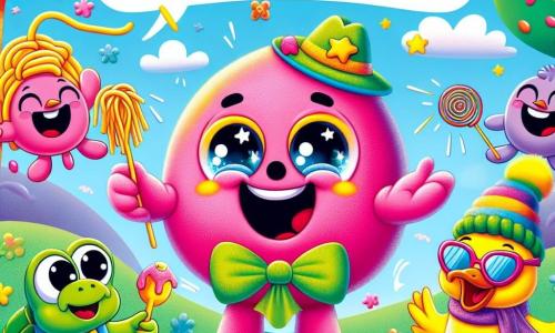 Pompón, un pequeño peluche mágico rosa con ojos brillantes y una sonrisa radiante, está contando un chiste hilarante, con los brazos extendidos, sobre un fondo colorido y alegre. A su lado, Turtulina, una tortuga con una bufanda de espaguetis y gafas de sol, ríe a carcajadas, con sus pequeñas patas levantadas en el aire, mientras que Plumas, un pato con gafas de sol y una bufanda colorida, aplaude con entusiasmo, moviendo sus alas alegremente. La escena transcurre en un parque de la risa, lleno de árboles danzantes de colores vivos, flores sonrientes y un cielo azul salpicado de nubes en forma de caramelos. Pompón, rodeado de sus amigos, está haciendo reír a todos con su chiste sobre un pez que no sabe nadar, provocando risas contagiosas y un ambiente festivo.