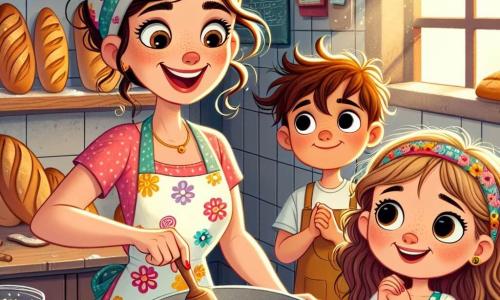 No centro da imagem, Ana, uma mulher alegre de cerca de trinta anos, é representada com cabelos castanhos cacheados presos em um coque, usando um avental colorido com padrões de pães e flores. Seu rosto irradia felicidade enquanto mistura massa de pão em uma tigela grande, seus olhos brilhando de empolgação. À sua direita, Lúcia, uma menina de 8 anos com cabelos loiros e lisos, observa Ana atentamente, com as mãos na cintura e um sorriso encantado. Ela usa um vestido de bolinhas e uma faixa colorida no cabelo. À esquerda, Pedro, um menino de 7 anos com cabelos castanhos bagunçados, segura um cortador em forma de estrela, pronto para moldar a massa. Ele tem uma expressão concentrada e entusiasmada, com os olhos bem abertos. O cenário é uma charmosa padaria, com prateleiras de madeira cheias de pães dourados e doces apetitosos. Raios de sol filtram pela janela, iluminando a cena e criando uma atmosfera acolhedora. A situação principal mostra Ana, cercada pelas crianças, criando deliciosos pães em forma de estrela e coração, compartilhando risadas e histórias, enquanto o doce cheiro de pão fresco preenche o ar.