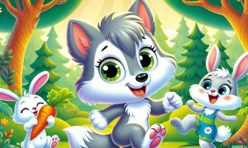 Um pequeno lobo chamado Léo, com pelagem cinza e olhos brilhantes de travessura, está dançando alegremente no meio de uma clareira ensolarada, com um grande sorriso no rosto. Ele parece divertido e um pouco desajeitado, prestes a cair ao fazer uma pirueta. Ao lado dele, um coelhinho travesso chamado Bibi, com pelagem branca e grandes orelhas em pé, salta de alegria, rindo alto. Ele segura uma cenoura gigante com as patas dianteiras e está bem ao lado de Léo, incentivando seu amigo a continuar dançando. Um pequeno pássaro colorido chamado Tico, com penas amarelas e azuis, voa ao redor deles, suas asas batendo rapidamente, exibindo uma expressão alegre. Ele está empoleirado em um galho de árvore logo acima de Léo, cantando uma melodia animada. A cena ocorre em uma floresta verdejante, cheia de árvores majestosas, flores coloridas e raios de sol filtrando pelas folhas, criando uma atmosfera mágica e alegre. A situação principal mostra Léo dançando desajeitadamente, prestes a cair, enquanto Bibi e Tico riem e aplaudem, criando uma atmosfera de festa e amizade na floresta.