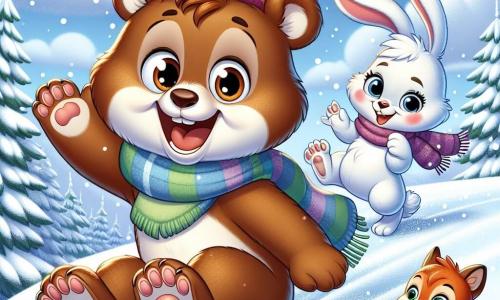 Benny, een jonge bruine beer met grote ronde ogen en een stralende glimlach, glijdt vrolijk van een kleine besneeuwde heuvel, zijn poten in de lucht, met een kleurrijke sjaal die achter hem wappert. Dichtbij springt Lila, een schattig wit konijntje met grote oren, van blijdschap, met haar roze wangen en sprankelende ogen, terwijl ze Benny's prestatie applaudisseert. Max, een slimme eekhoorn met een rode vacht en een pluizige staart, staat iets verderop, lachend en een kleine sneeuwbal vasthoudend, klaar om te gooien. De achtergrond is een prachtig winterlandschap, met bomen bedekt met glinsterende sneeuw, een heldere blauwe lucht met donzige witte wolken, en sneeuwvlokken die zachtjes om hen heen vallen. De scène vangt de geest van de winter, vol vreugde en vriendschap, terwijl Benny de geneugten van het glijden op de sneeuw ontdekt.